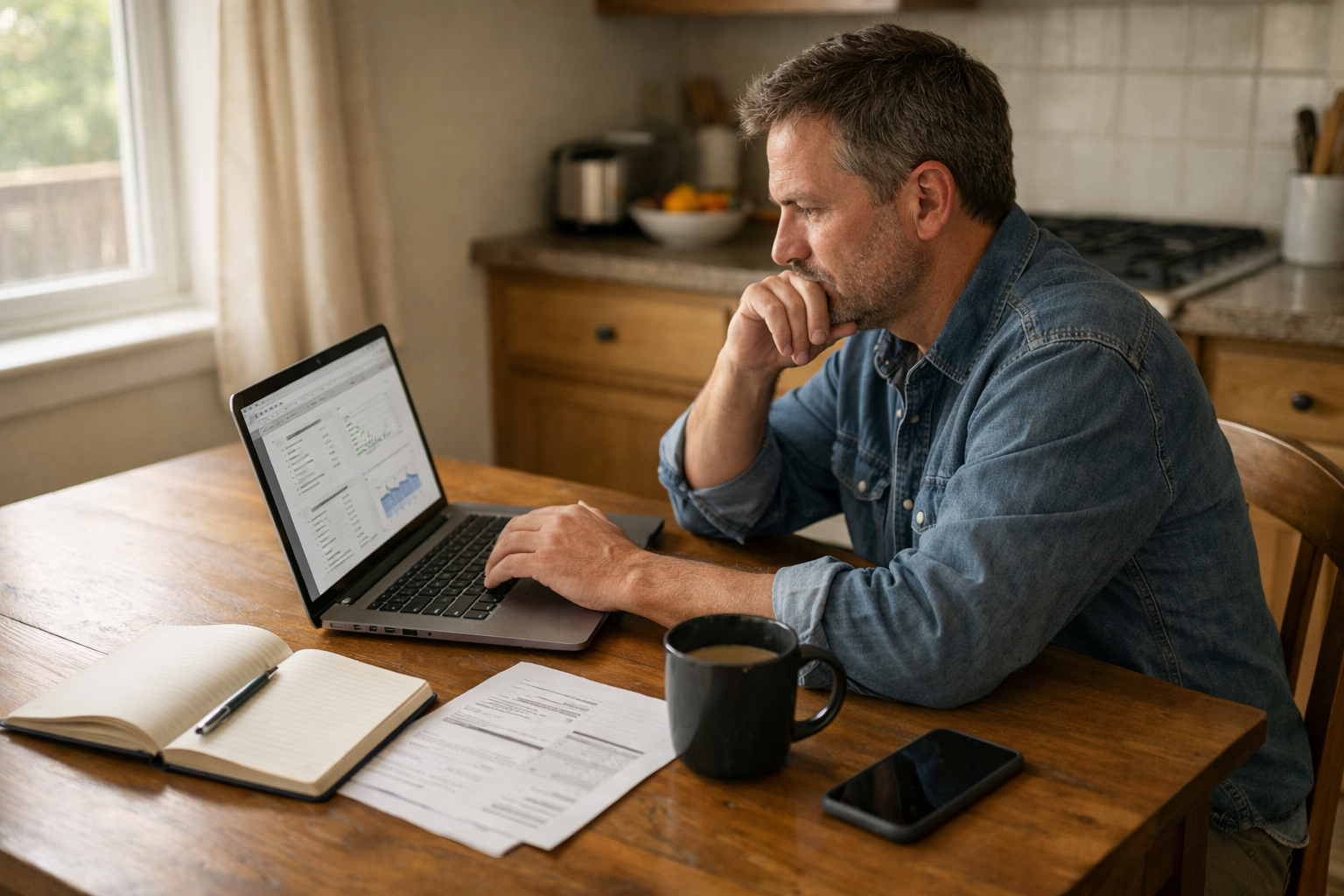 A clean, modern financial planning scene with a person reviewing savings on a laptop, minimal desk setup, soft lighting, neutral colors, realistic photography style, no stock photo look, no text